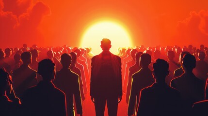 Individual facing a bright light amidst a crowd. Conceptual representation of leadership or enlightenment with a vibrant orange backdrop - obrazy, fototapety, plakaty