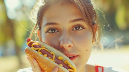 Beautiful young woman having a hotdog in light tones - obrazy, fototapety, plakaty