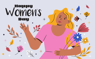 Cute girl on a white background sorounded with flowers. Greeting card for International Women's Day. Vector illustration