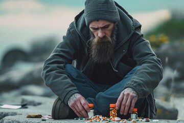 A man is seen sitting on a rock while holding pills in his hands, The transformation of an opioid addict towards recovery, AI Generated