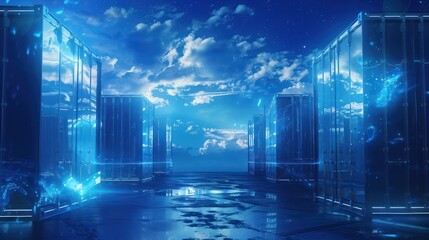 Data center servers with blue lights in a cloud-filled environment. Technology and cloud computing concept with a dreamy atmosphere.