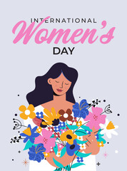 Cute woman holding a bouquet of flowers in her hands. Spring holiday vector illustration in Scandinavian simple style. Hand drawn cartoon romantic girl in a white dress. International women day - 747860214