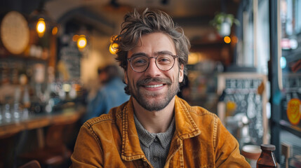 Portrait of a man with glasses and a mustard jacket, smiling warmly indoors - obrazy, fototapety, plakaty
