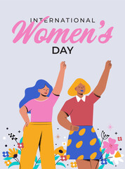 Two cute girls with fist up on a white background. Greeting card for International Women's Day. Vector illustration