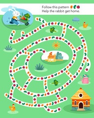 Activity and education. Maze puzzle game for kids. Help rabbit get his home. Cute flat cartoon hare with vegetables in garden. Farm and food. Vector flat illustration.