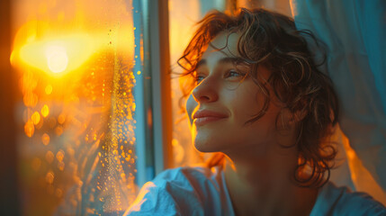 Intimate moment captured as a young woman stares thoughtfully out a window with warm light reflections