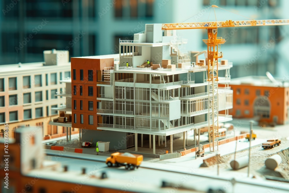Poster a model of a building with a crane positioned on top, showcasing the construction process, three-dim