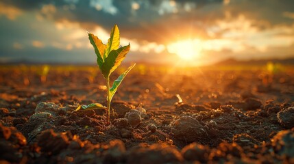The concept of New Life/Hope is shown in a picture of a plant growing in a hot and dry desert, with a rain storm approaching on the horizon. - obrazy, fototapety, plakaty