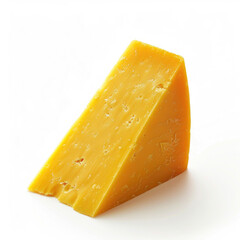 A wedge of aged cheddar on a stark white background