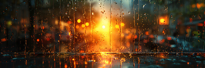 A rainy night in the city with a rainy sky,
A view of a street through a rain-covered window

