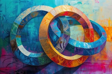 A painting showcasing two rings delicately positioned on a wall, Three intertwined circles with abstract patterns, AI Generated