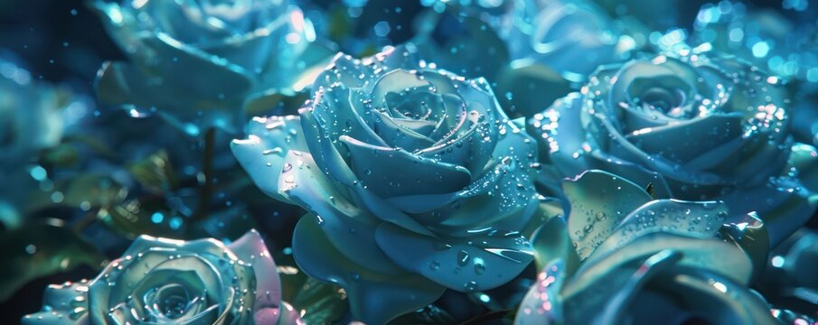 Close-up of blue roses with water droplets. Macro photography with a focus on texture and detail. Nature and beauty concept