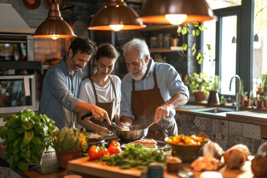 A man and two women are seen actively preparing food in a kitchen, Three generations cooking together in a warm family kitchen, AI Generated