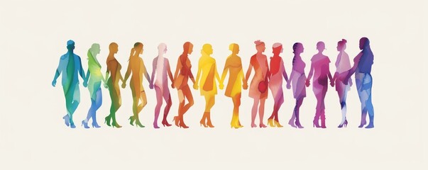 Watercolor silhouettes of diverse people holding hands. Inclusion and unity concept isolated on white background.