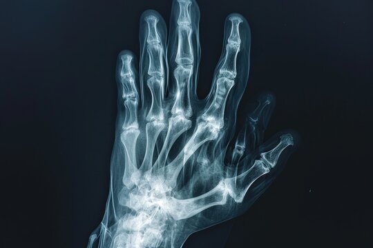 This photo displays an x-ray image of a hand, revealing the intricate structure of its bones, Three-dimensional X-ray film of a human's phalanges, AI Generated