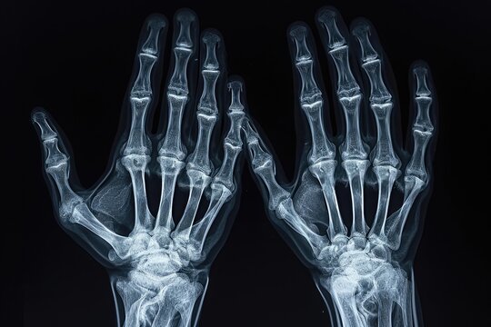 This x-ray captures the intricate details of a human hand and wrist, revealing the bones and joints in clear, precise detail, Three-dimensional X-ray film of a human's phalanges, AI Generated