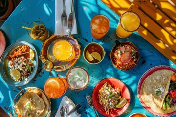 Colorful mexican feast with tacos, margaritas, and fresh ingredients on vibrant table - obrazy, fototapety, plakaty