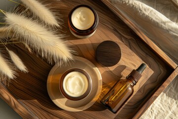 Luxury skincare products on elegant wooden tray with natural light