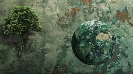 Comparing the green earth with the effects of air pollution from human actions, illustrating the concept of global warming. Featuring a juxtaposition of a green tree and a deteriorated green earth 