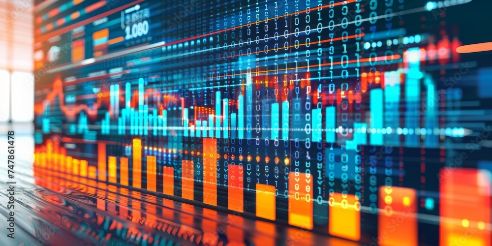 Poster Vibrant Data Analytics and Trading Graphs Representing Real-Time Stock Market Fluctuations and Trends, Generative AI