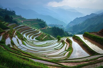 A panoramic view of the awe-inspiring rice terraces in the scenic mountains of China, Tiered rice terraces in rural China, AI Generated