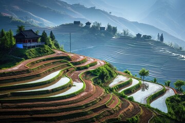A photo of a rice field with a house situated on top of the lush green field, Tiered rice terraces in rural China, AI Generated