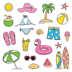 Set of colorful summer and beach theme doodle elements