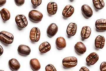 A scatter of roasted coffee beans on a white background