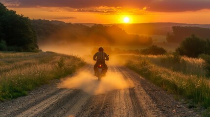 A person is seen riding a motorcycle down a dusty dirt road in a rural area