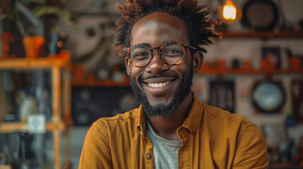 Man smiling warmly in a yellow shirt with a charming cafe background - obrazy, fototapety, plakaty