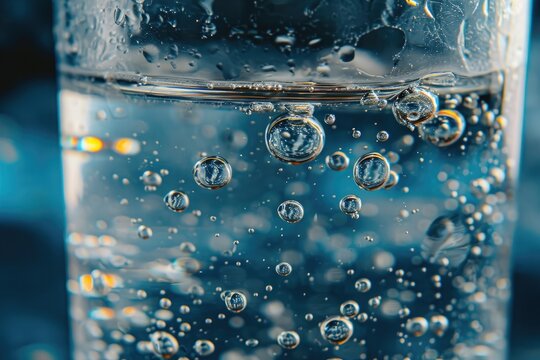 This close up photo shows a glass filled with water that is adorned with numerous bubbles, Tiny bubbles trapped in a glass of sparkling water, AI Generated