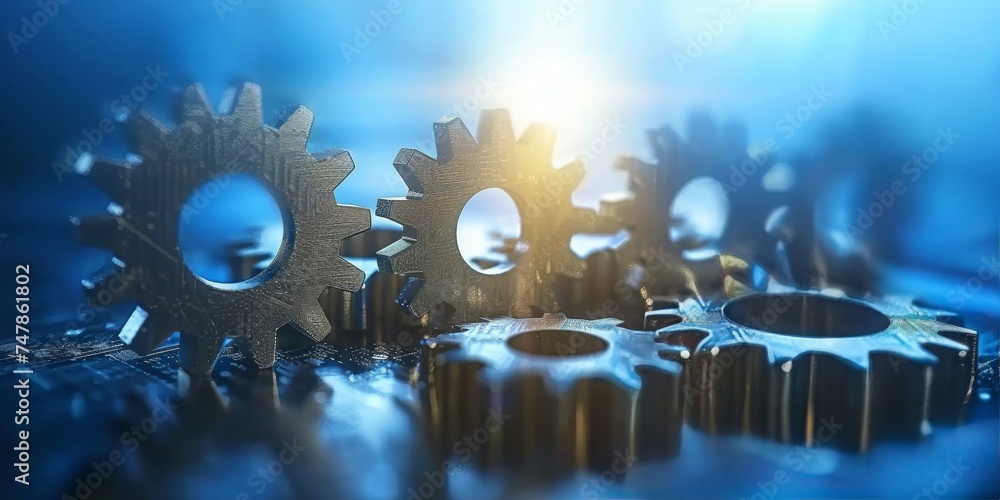Poster interlocking metal gears symbolizing the intricate mechanics of industrial machinery and technology,