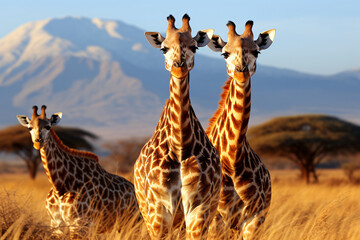 Three giraffe on Kilimanjaro mountain background