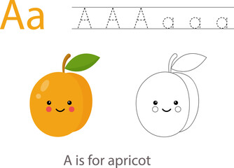 Tracing alphabet letters with cute fruits and vegetables. Color cute cartoon apricot. Trace letter A.