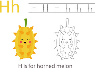 Tracing alphabet letters with cute fruits and vegetables. Color cute cartoon horned melon. Trace letter H.