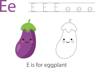 Tracing alphabet letters with cute fruits and vegetables. Color cute cartoon eggplant. Trace letter E.