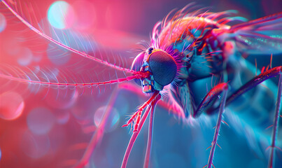 Macro Mosquito with neon lighting. Mosquito is carrier of Malaria, Encephalitis, Dengue and Zika virus concept. - obrazy, fototapety, plakaty