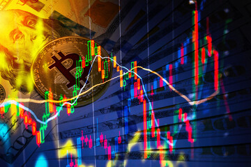 Bitcoin coins with global trading exchange market price chart in the background.