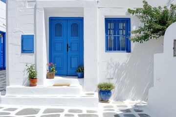Fototapeta na wymiar A photograph of a house painted white with blue doors and windows, standing in a suburban neighborhood, Traditional Greek island houses with white walls and blue accents, AI Generated