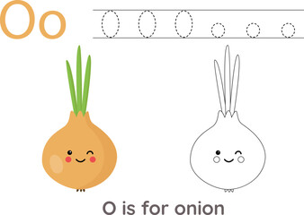 Tracing alphabet letters with cute fruits and vegetables. Color cute cartoon onion. Trace letter O.