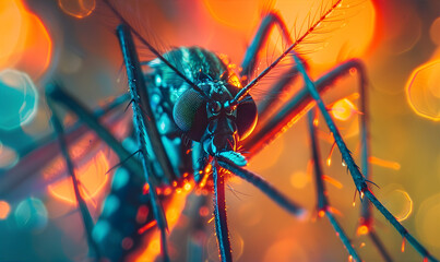 Macro Mosquito. Bright colors. Mosquito is carrier of Malaria, Encephalitis, Dengue and Zika virus concept. - obrazy, fototapety, plakaty