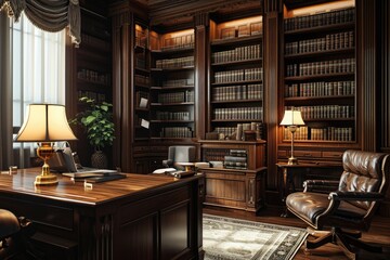 A contemporary room featuring a sleek desk, comfortable chair, stylish lamp, and well-stocked bookshelf, Traditional law office with a wall of books and dark wooden furniture, AI Generated