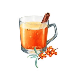 A cup of tee, sea buckthorn branch and rolled stick of cinnamon. Hand drawn watercolor food illustration. For clip art cards menu label package