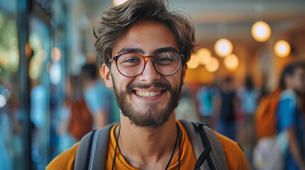 A cheerful young man with glasses and facial hair smiling widely in a crowded indoor space - obrazy, fototapety, plakaty