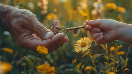 Inheritance Concept: Father holding old golden key and giving it to his child - obrazy, fototapety, plakaty