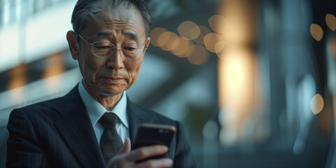 スマートフォンを手に持つ日本人ビジネスマン - obrazy, fototapety, plakaty