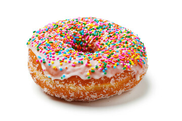 A glazed doughnut with colorful sprinkles, isolated on white