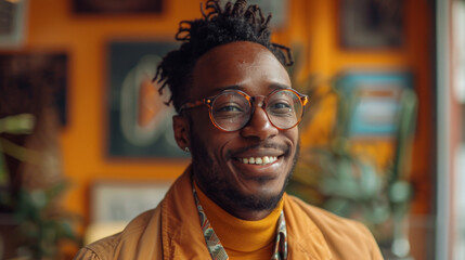 Cheerful young man wearing a yellow jacket and glasses, with an indoor backdrop - obrazy, fototapety, plakaty