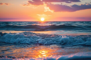 Fototapeta na wymiar A captivating photograph of the sun descending below the horizon, casting a golden glow on the restless ocean waves, Tranquil view of ocean waves at sunset, AI Generated