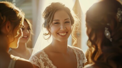 Fototapeta premium Beautiful bride getting ready for the ceremony with bridesmaids